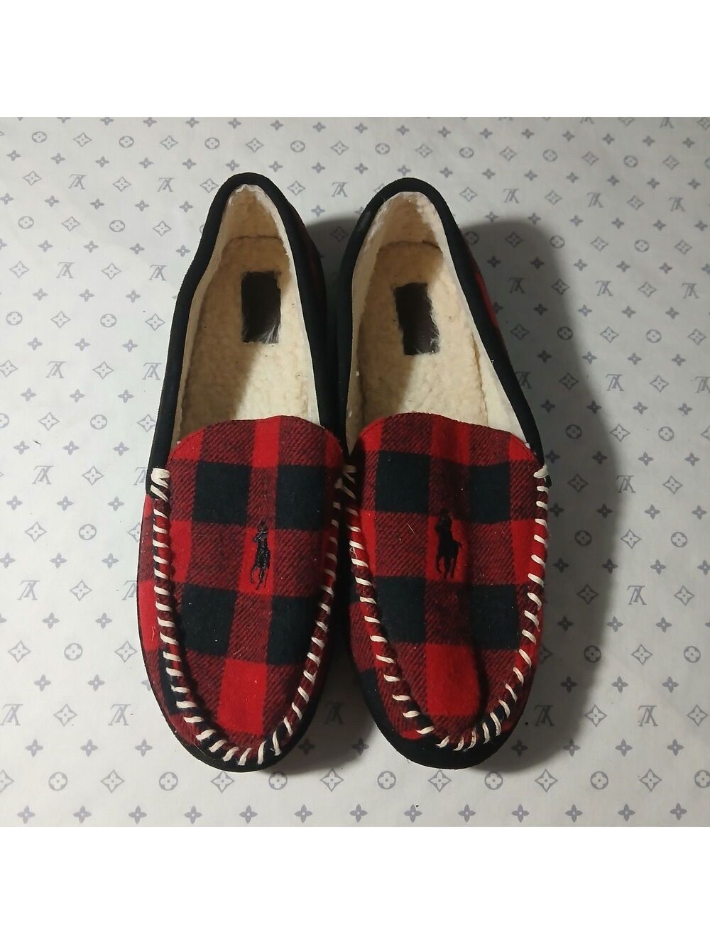 Polo Ralph Lauren Plaid Slippers Red Black Buffalo Check House Shoes Cozy Sz 13